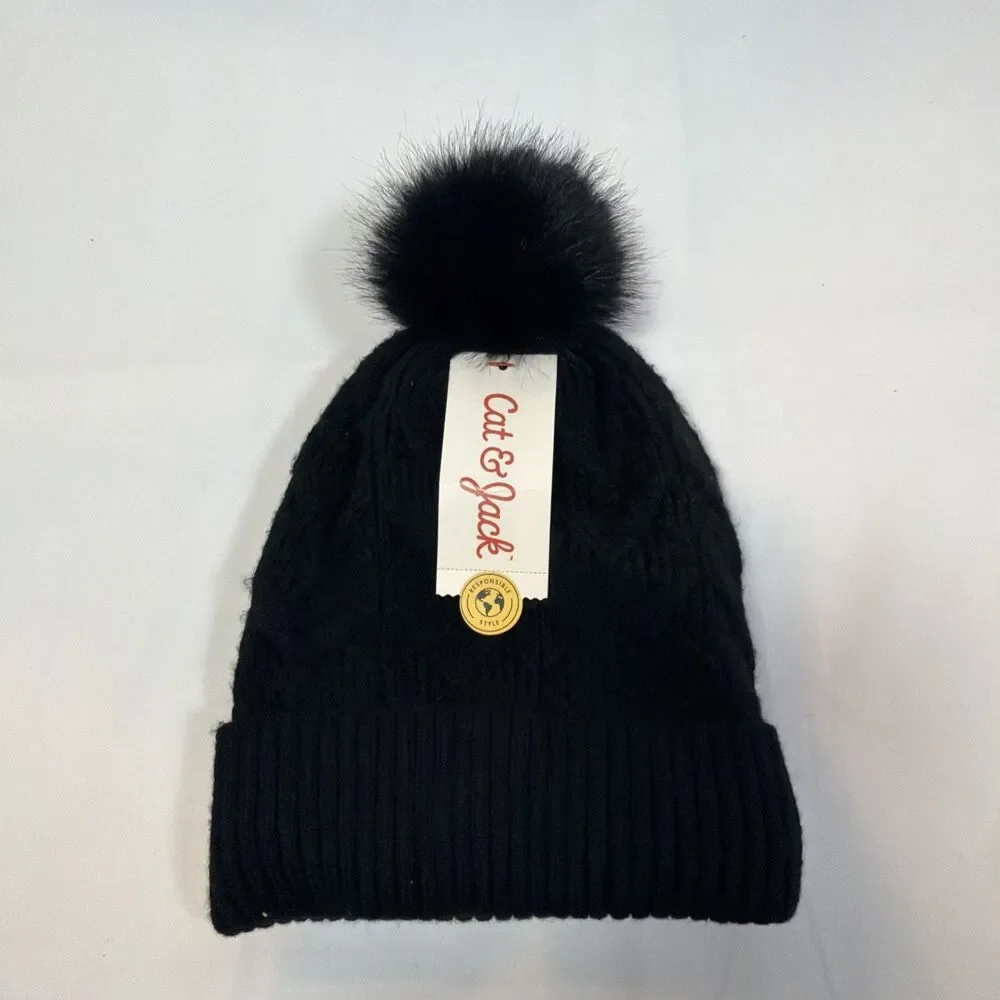Cat & Jack Women’s Black Knit Beanie Hat Faux Fur Pom Pom Solid Casual One Size